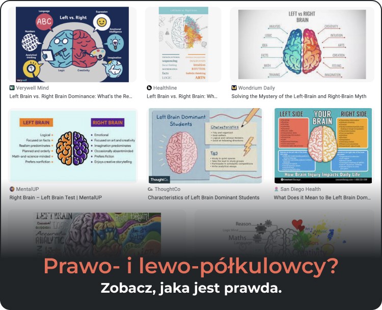 grafika mit o prawo- i lewopółkulowcach - porównanie funkcji lewej i prawej półkuli mózgu