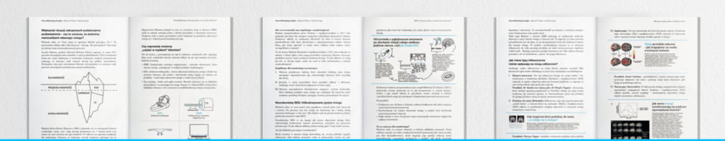 Przykładowe strony z wnętrza książki NeuroMarketing Insight - infografiki o mózgu, diagramy psychologii konsumenta, badania neuromarketingowe i ilustracje naukowe